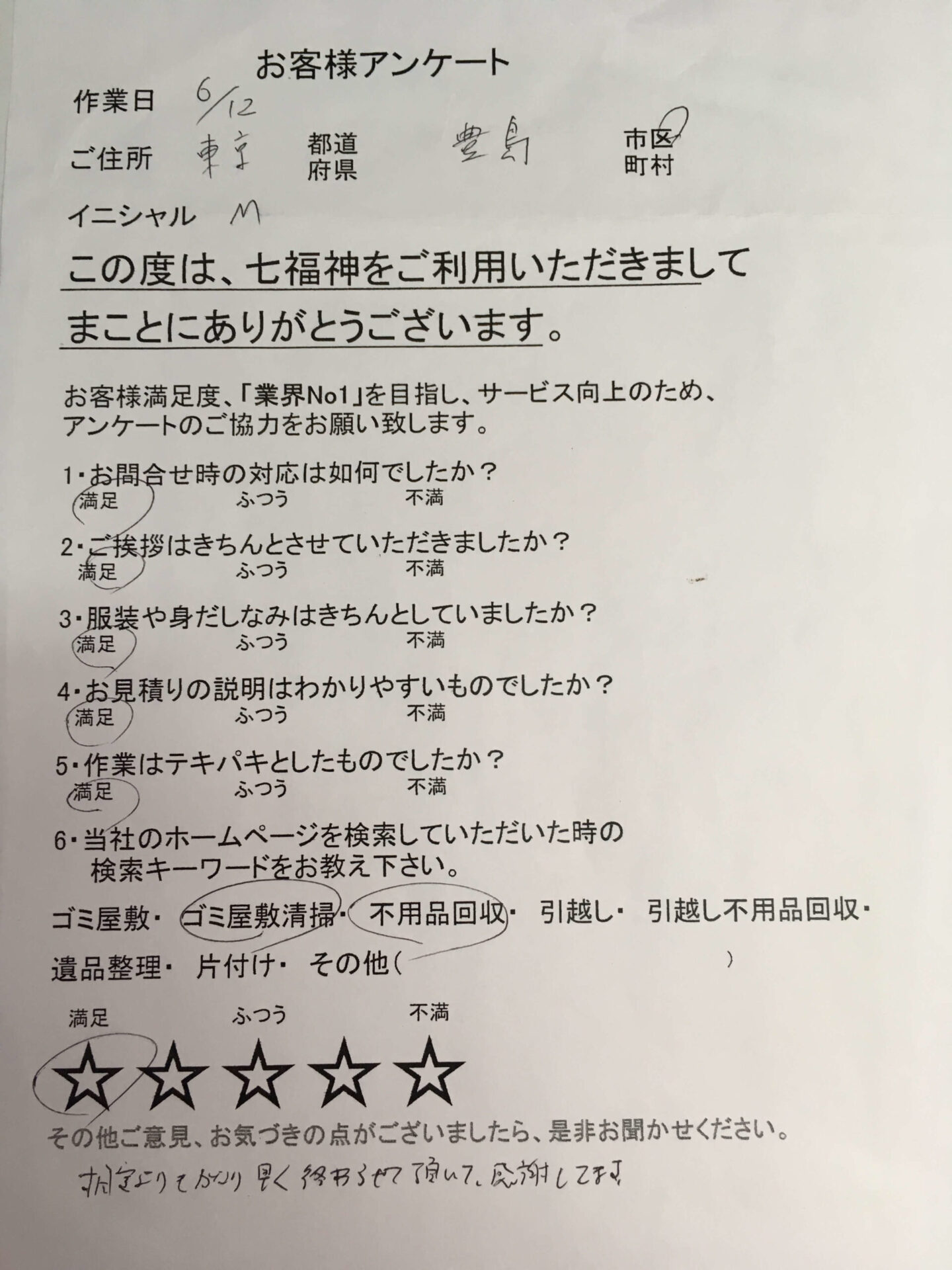 お客様　アンケート　東京都　豊島区　M様