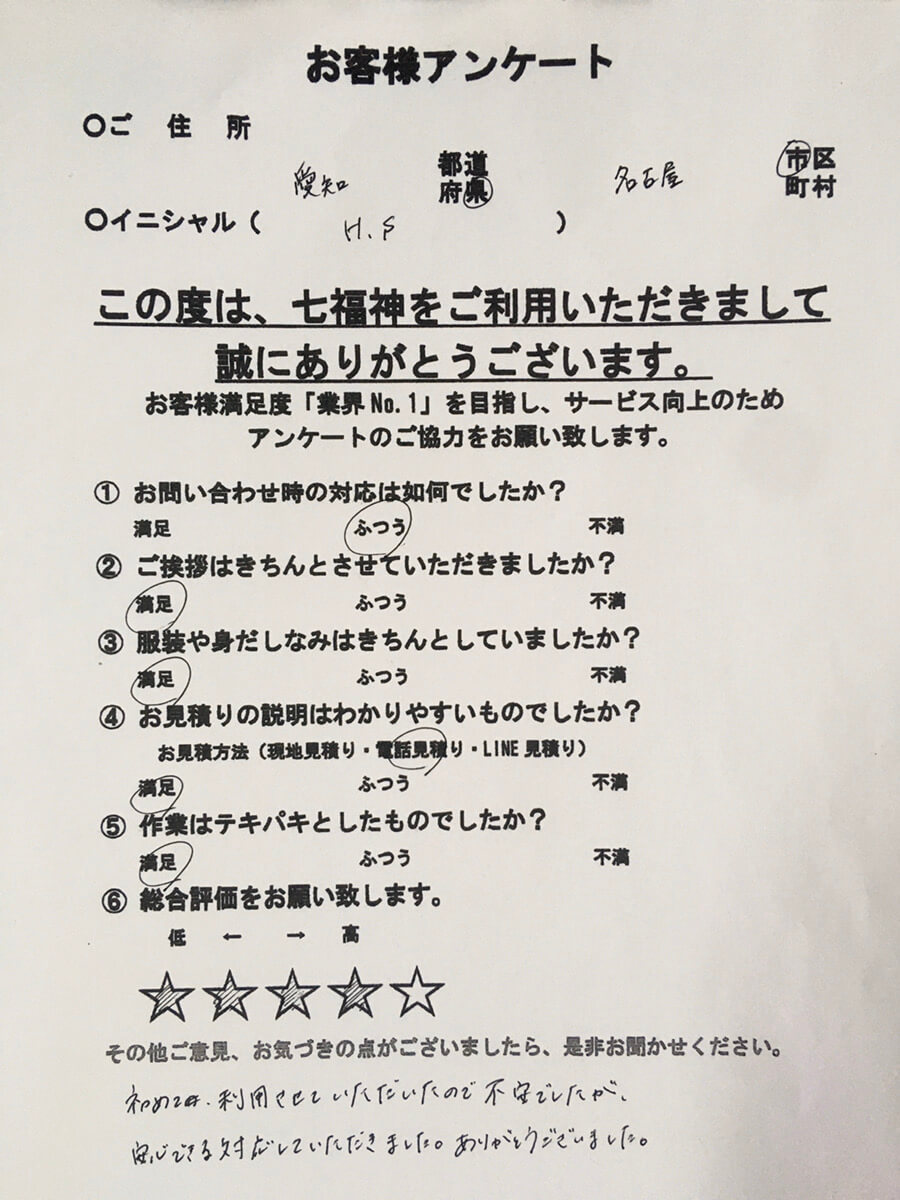 お客様　アンケート　愛知県　名古屋市　H・S様