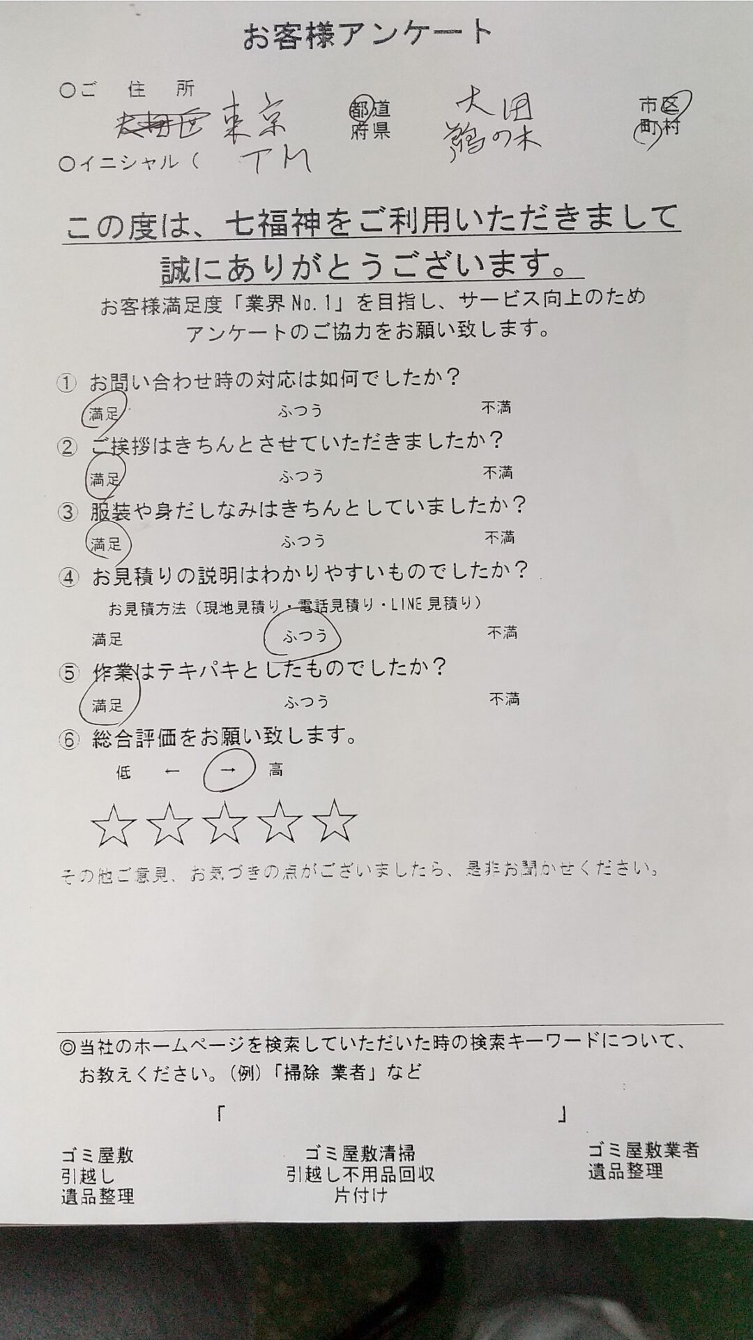 東京都大田区T様のごみ屋敷の片付けアンケート01