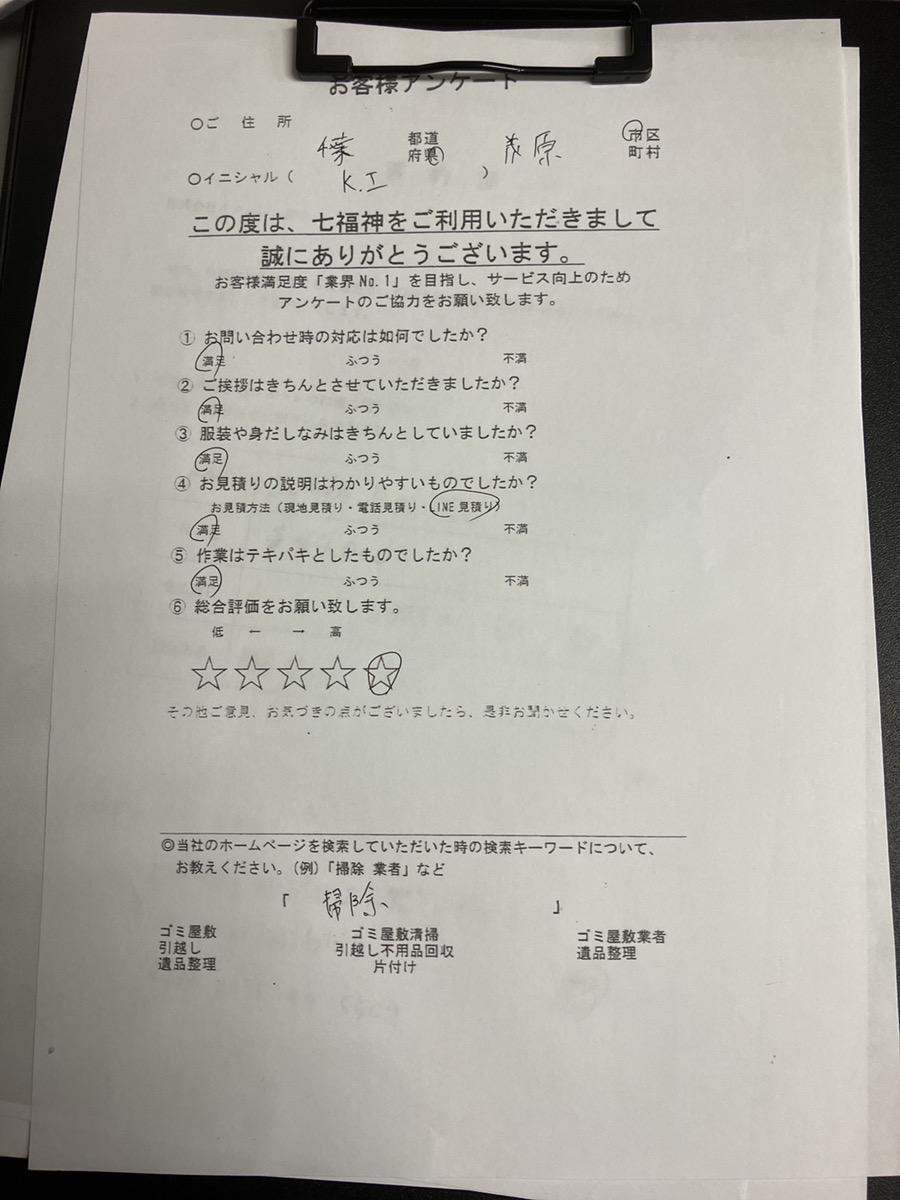 茂原市I様の不用品回収のお手伝いアンケート