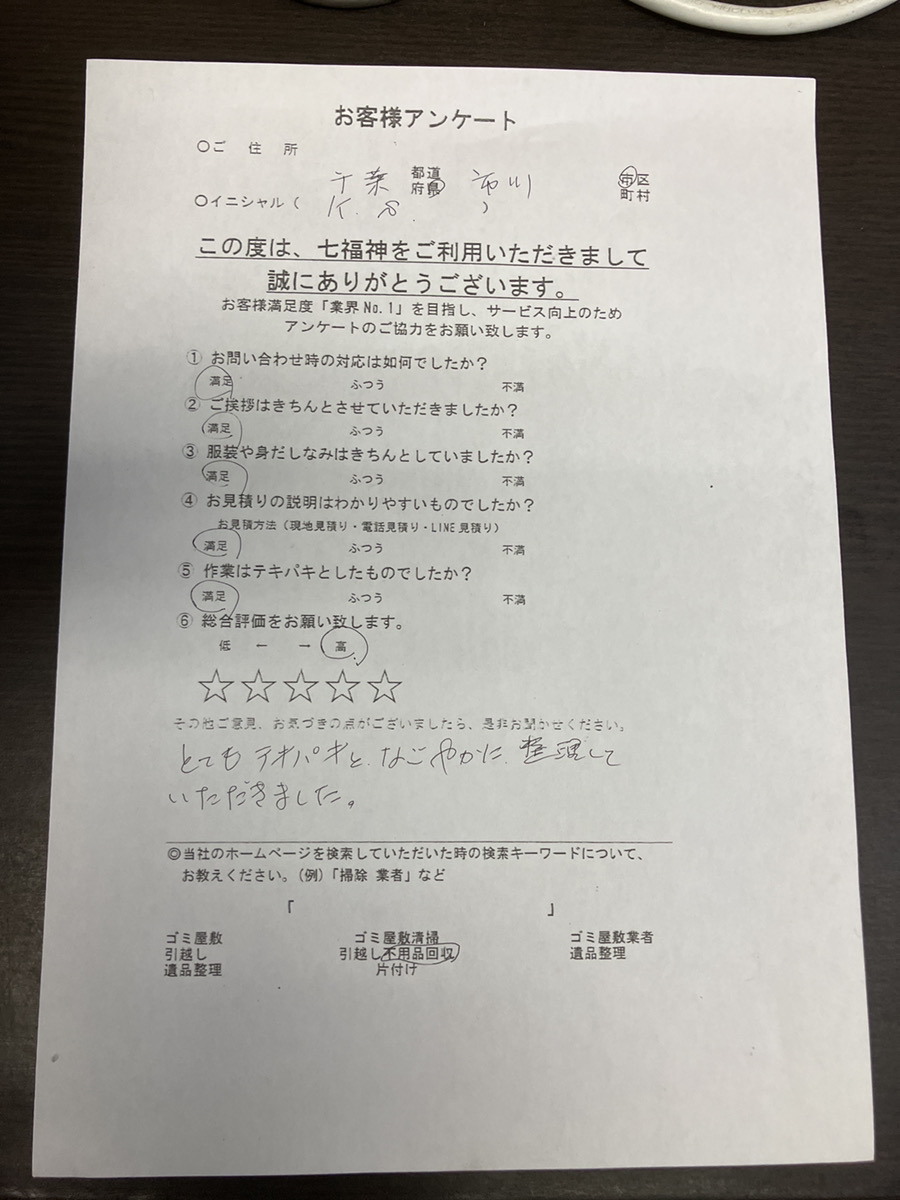 市川市S様の不用品回収のお手伝いアンケート