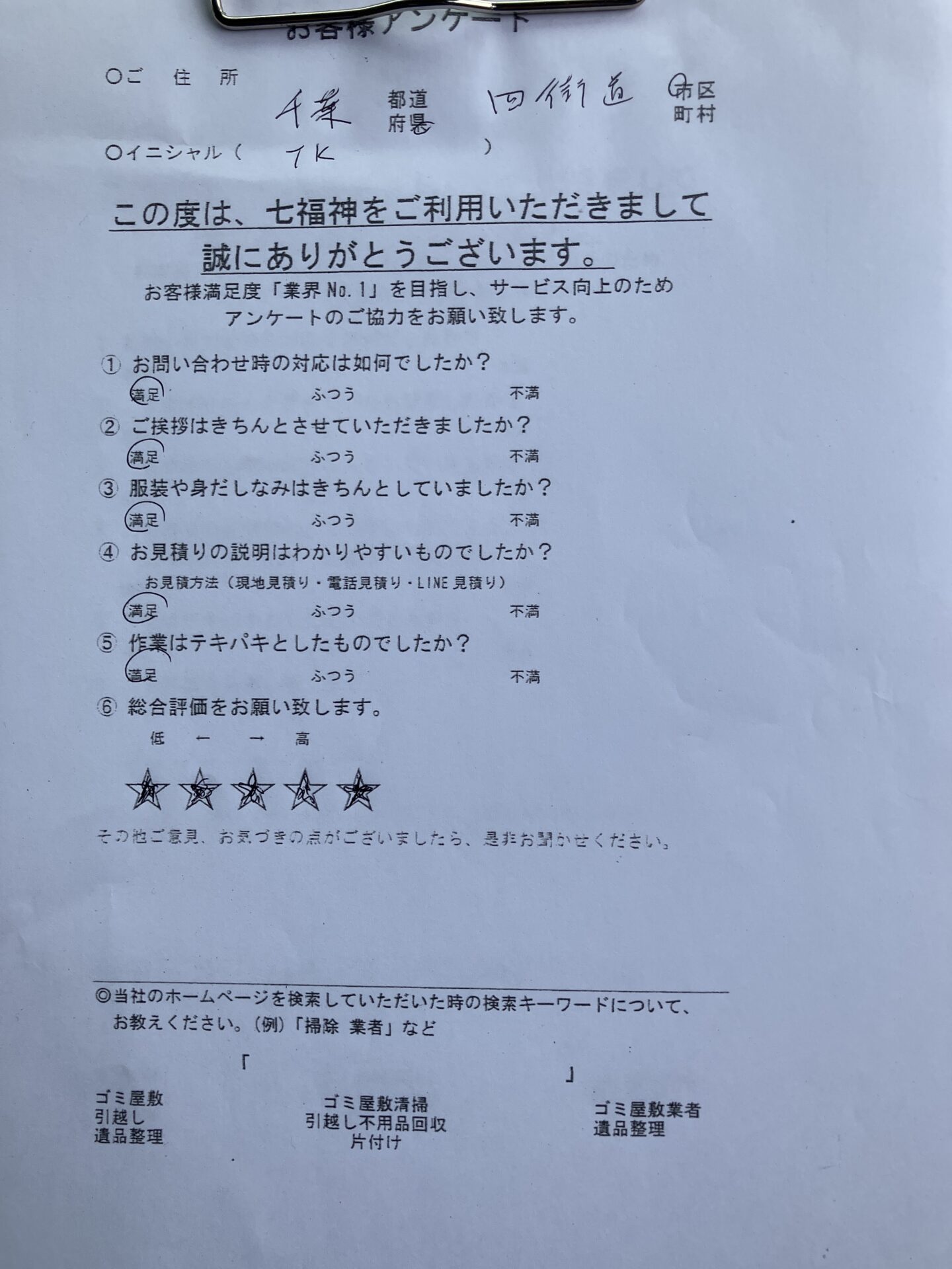 千葉県四街道市K様のゴミ屋敷清掃のお手伝いアンケート
