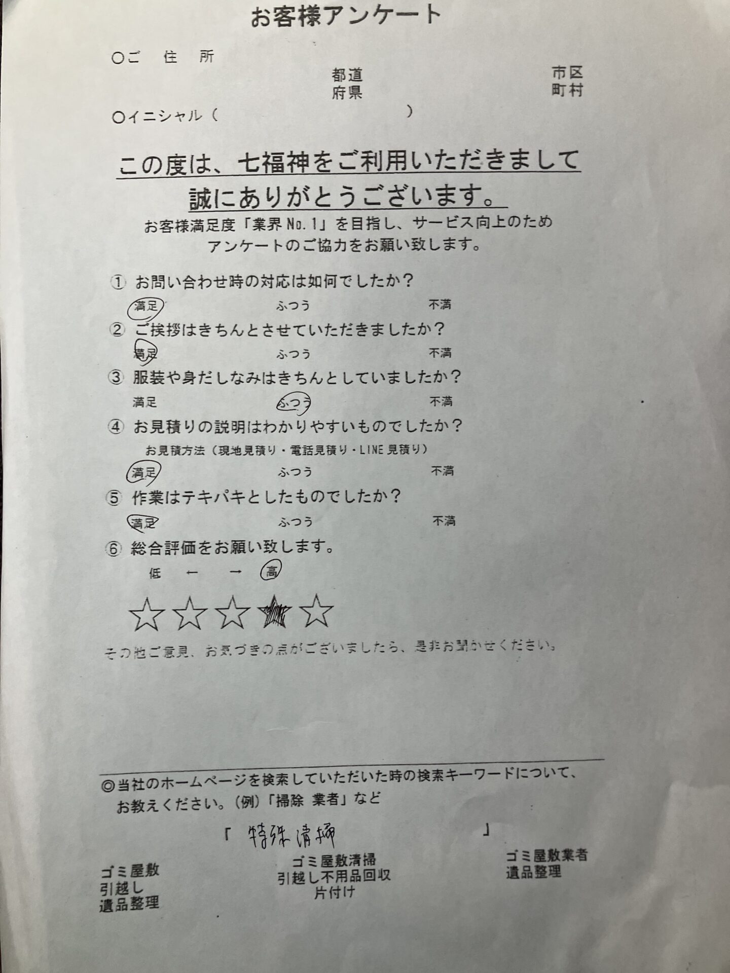 富津市T様の特殊清掃のアンケート