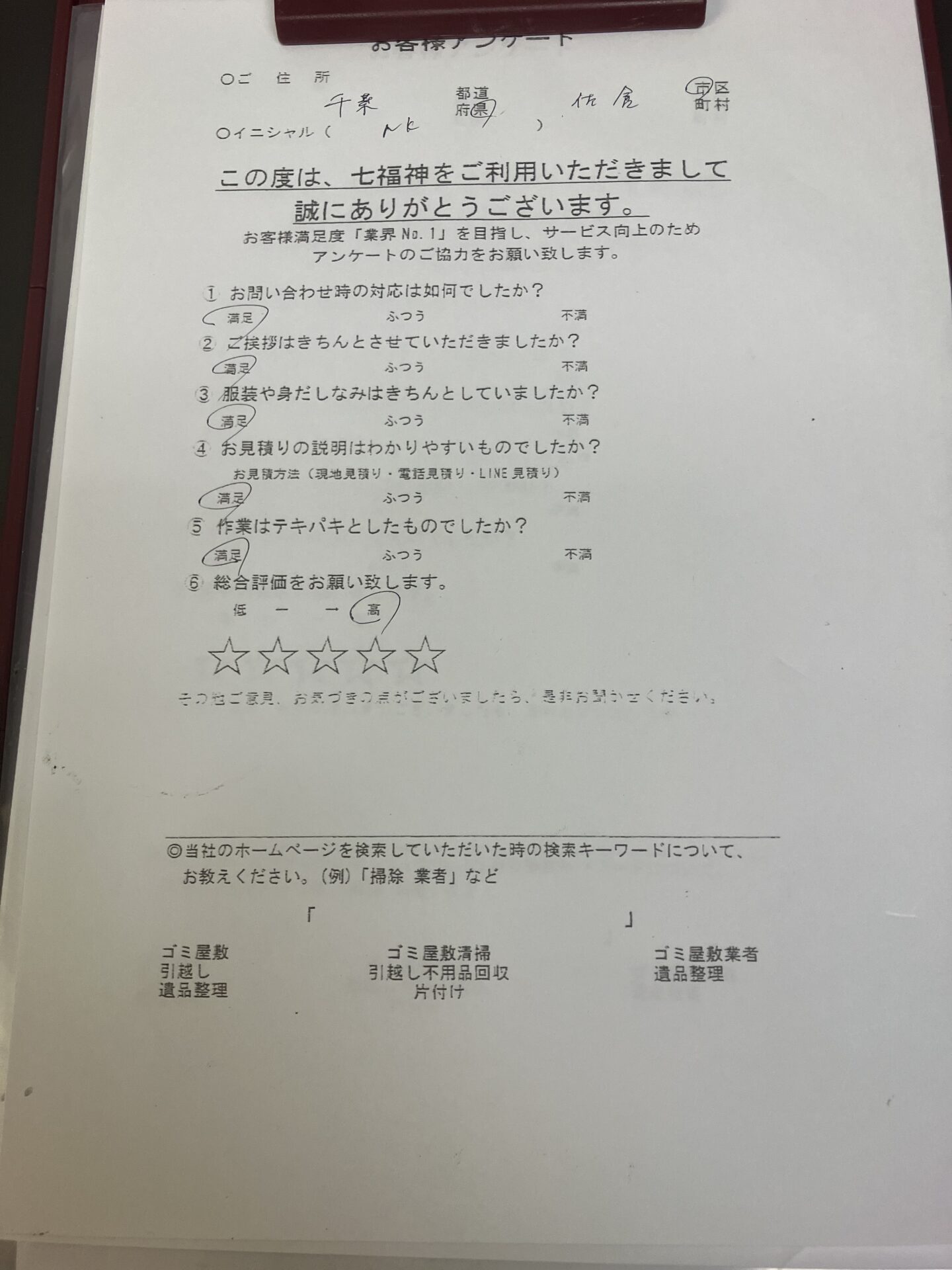 佐倉市K様の不用品回収のアンケート