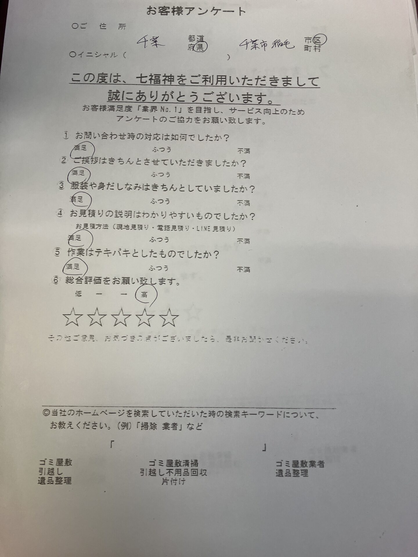 千葉市稲毛区T様の不用品回収のアンケート