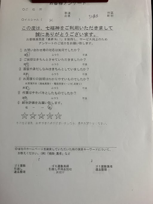 東京都江東区K様のゴミ屋敷清掃のお手伝いアンケート