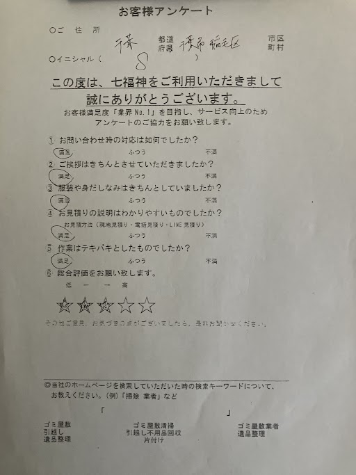 千葉市稲毛区S様のゴミ屋敷清掃のお手伝いアンケート